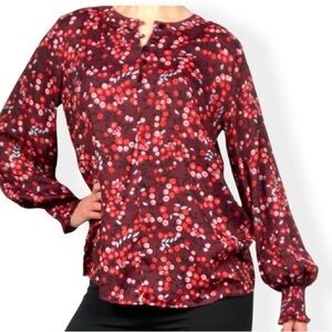 LOFT Blouse Top Velvet‎ Buttons Red & Pink Floral with Cuffed Sleeves Small